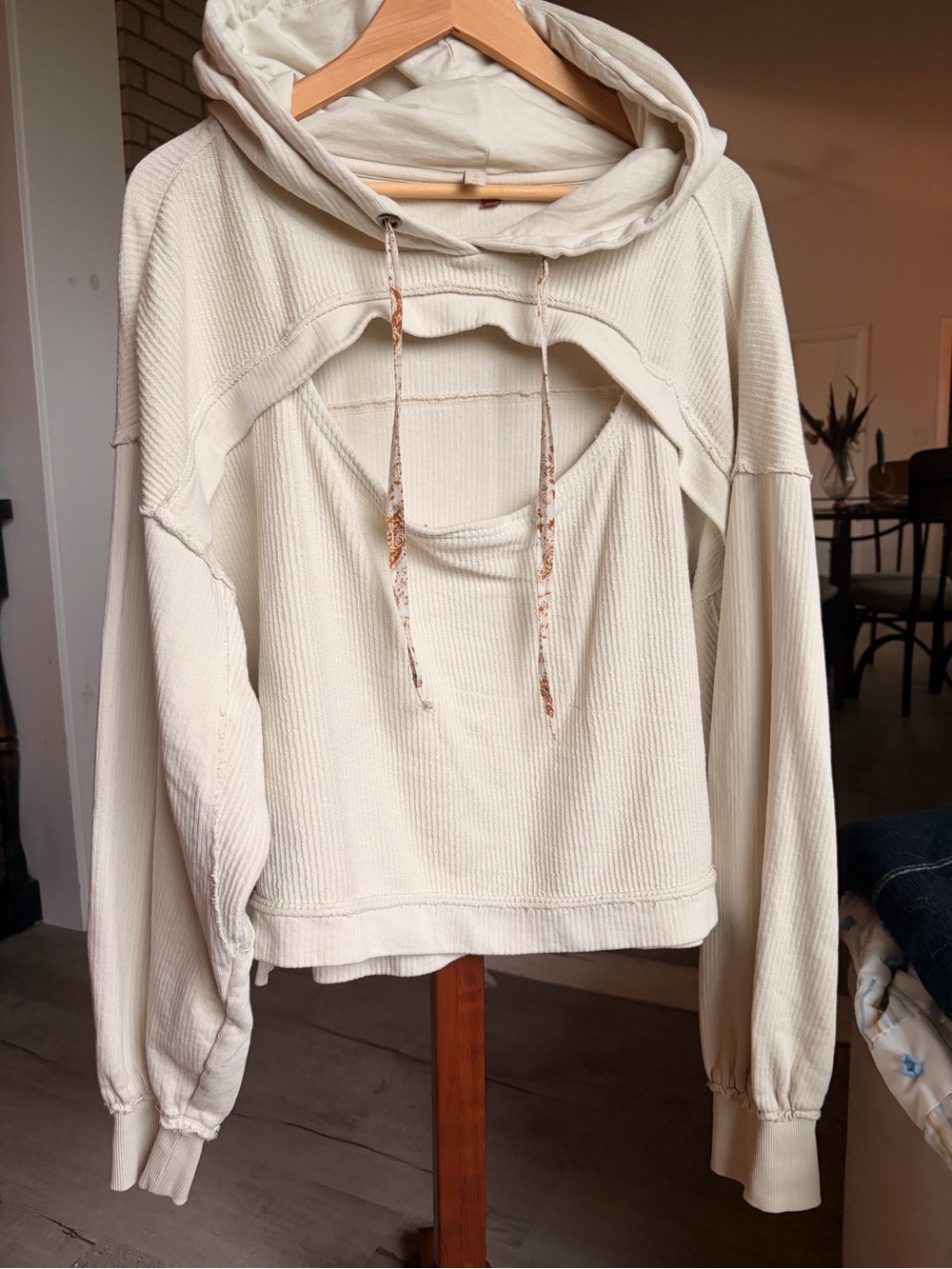 Anthropologie Pilcro Cutout Hoodie Cream Ribbed Pullover